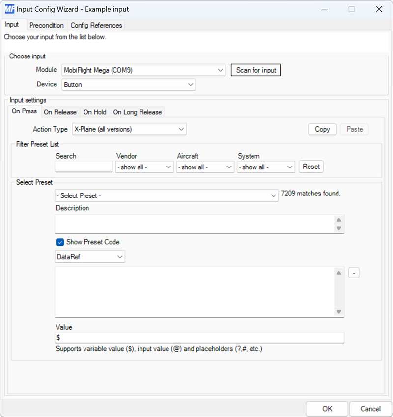 Screenshot of a button input with the X-Plane (all versions) action type selected.