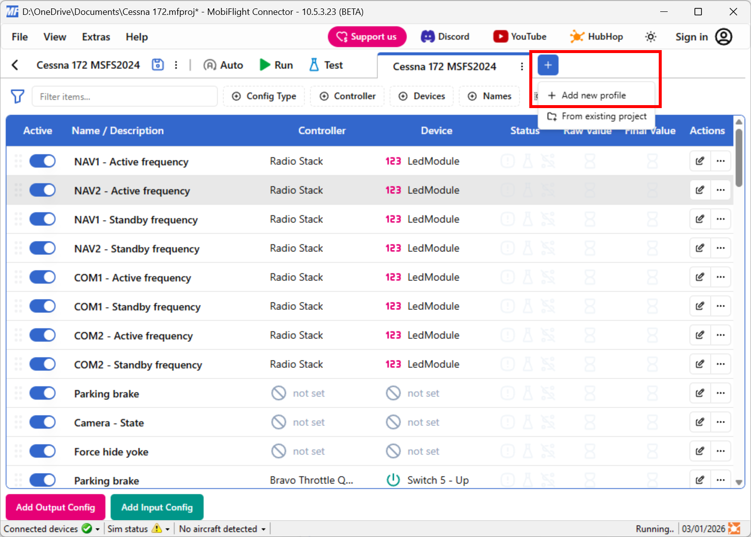 Screenshot of the + menu open with the Add new profile item highlighted.