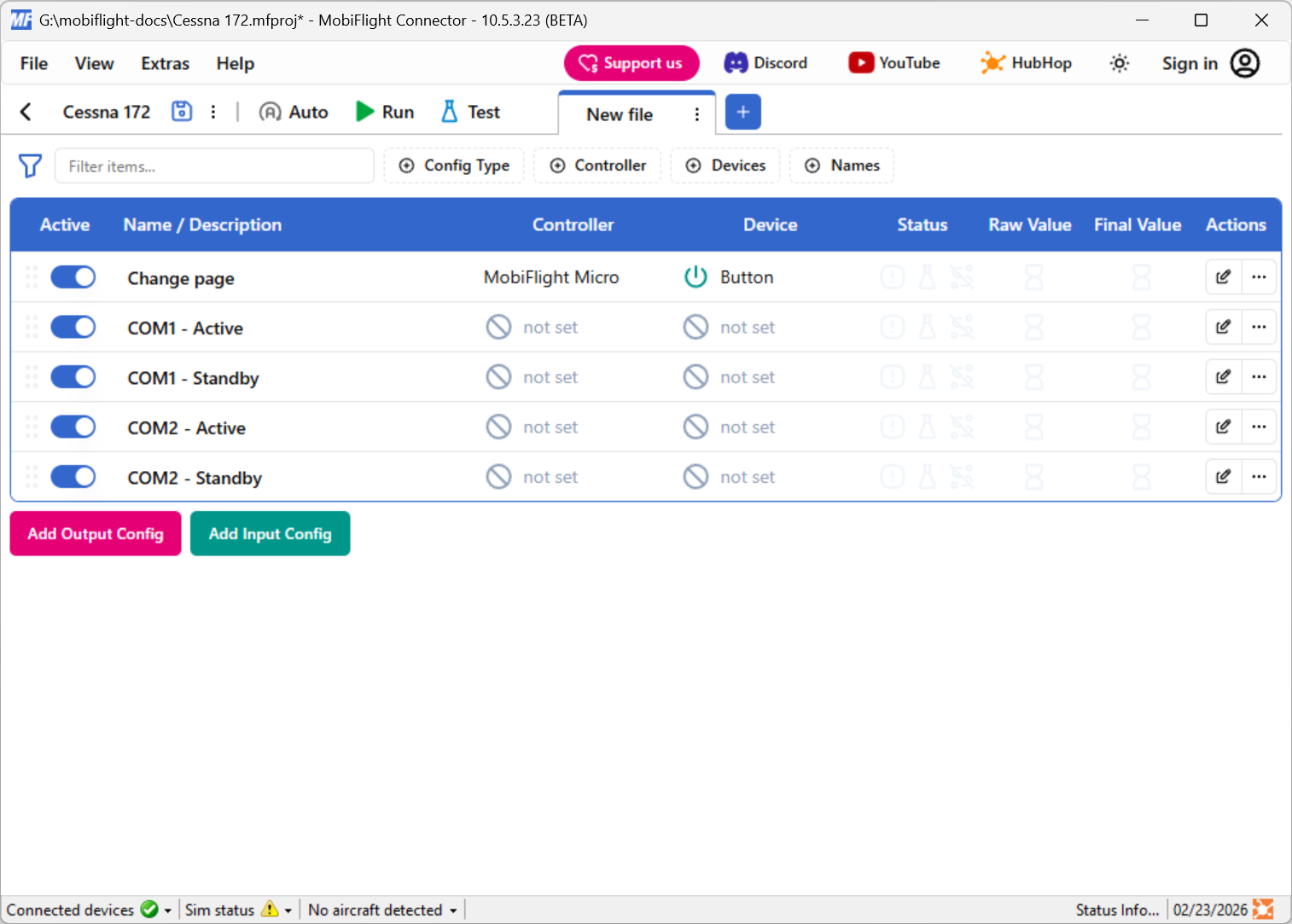 Screenshot of the output tab of the main MobiFlight window with four output configurations created.