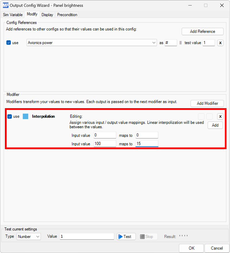 Screenshot of an output configuration with an Interpolate modifier added to the Modify tab.