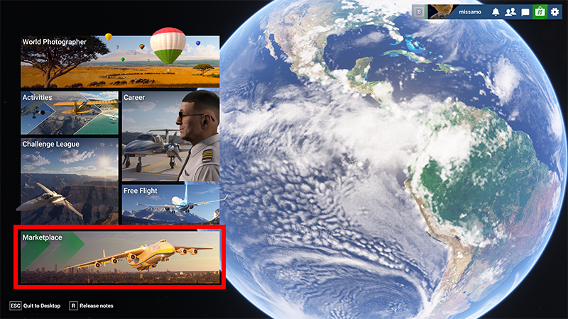 Screenshot of the Microsoft Flight Simulator 2024 main menu with the Marketplace highlighted.